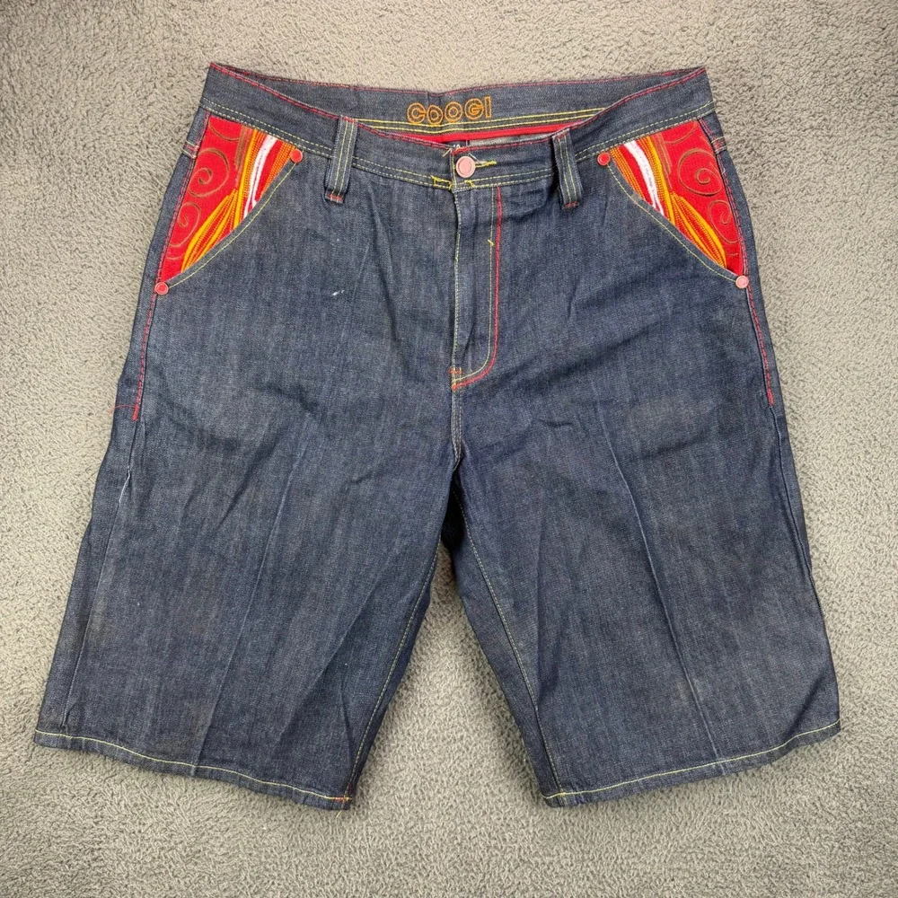 Coogi Mens Embroidered Denim Jean Shorts Blue Red Size 40 W40 Y2K Hip Hop Urban